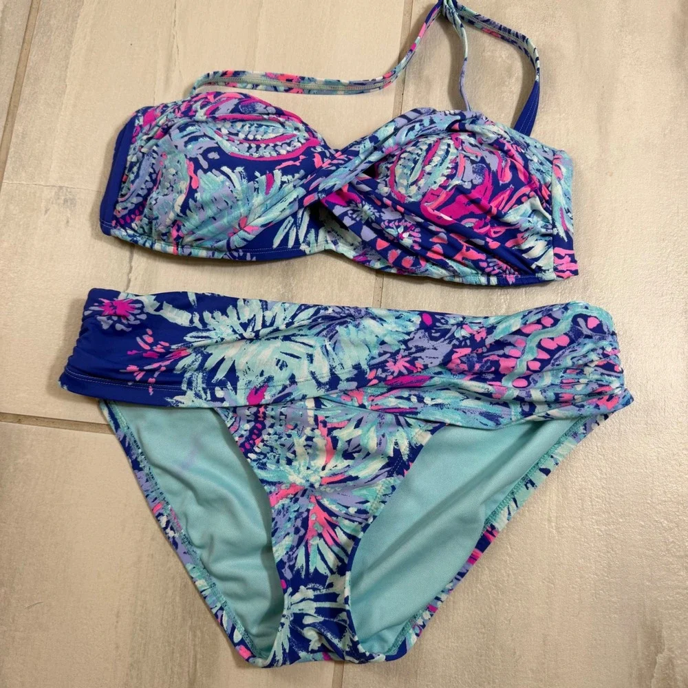 Lilly Pulitzer Bikini Set Blue Pink Tropical Floral Bandeau Top 8 Bottom 6